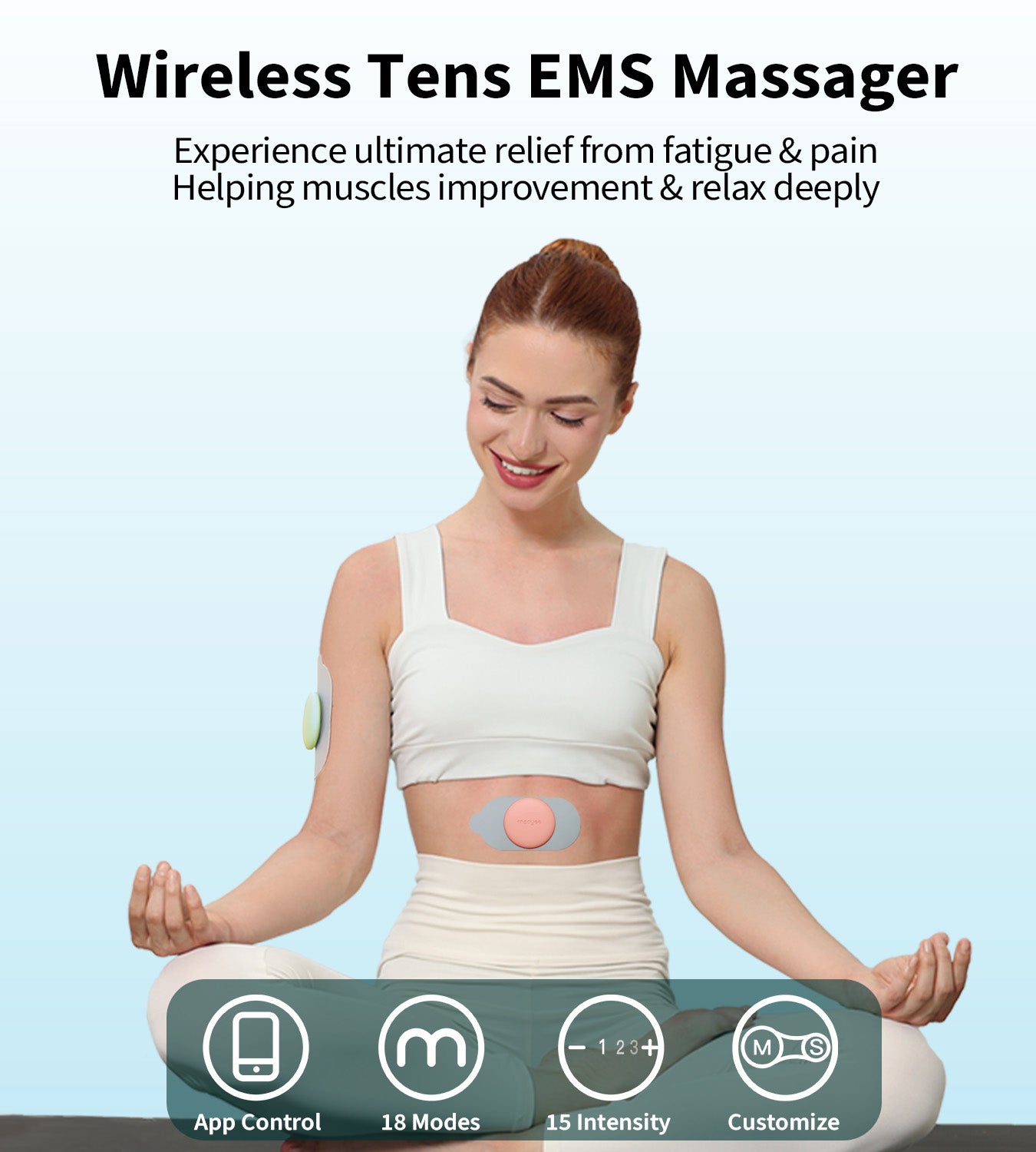 Mooyee M2 Wireless TENS Unit Muscle Stimulator, 18 Modes EMS Muscle Stimulator APP Control Deep Tissue Massager for Pain Relief, Muscle Soreness and Recovery in Back, Neck, Shoulders, Legs and Arms