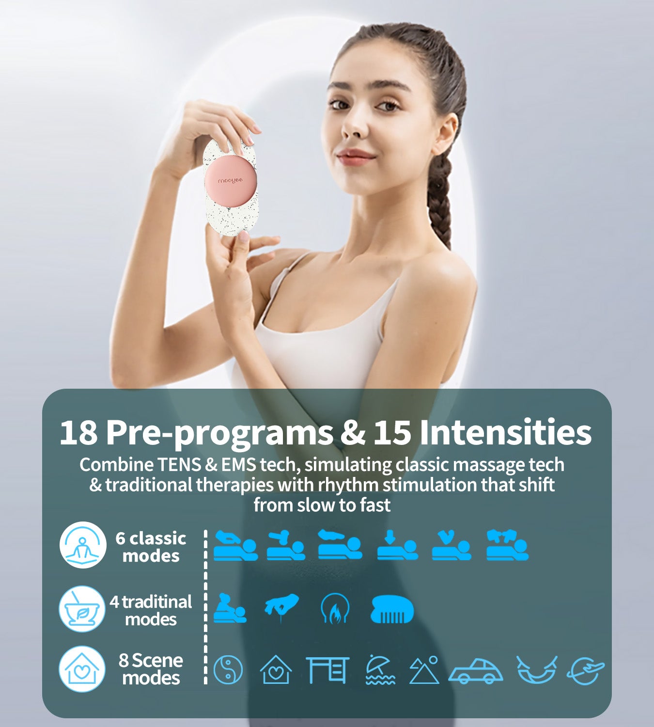 Mooyee M2 Wireless TENS Unit Muscle Stimulator, 18 Modes EMS Muscle Stimulator APP Control Deep Tissue Massager for Pain Relief, Muscle Soreness and Recovery in Back, Neck, Shoulders, Legs and Arms